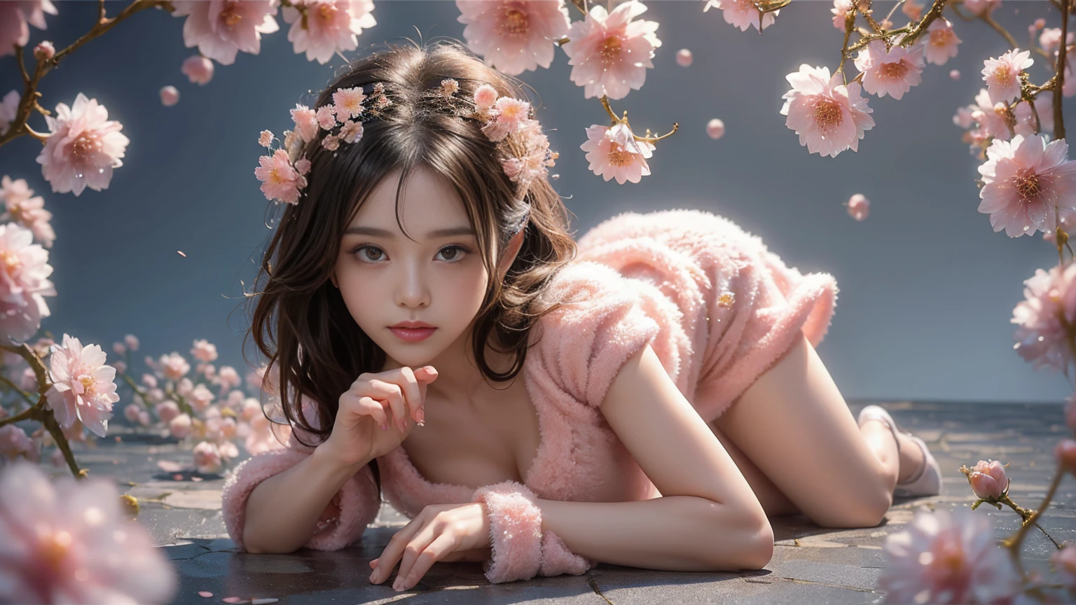 a small kitten with light pink fur and a furry tail wearing a tiara of golden flowers amidst cherry blossoms, lookig at camera, with a sexy look, wet lips