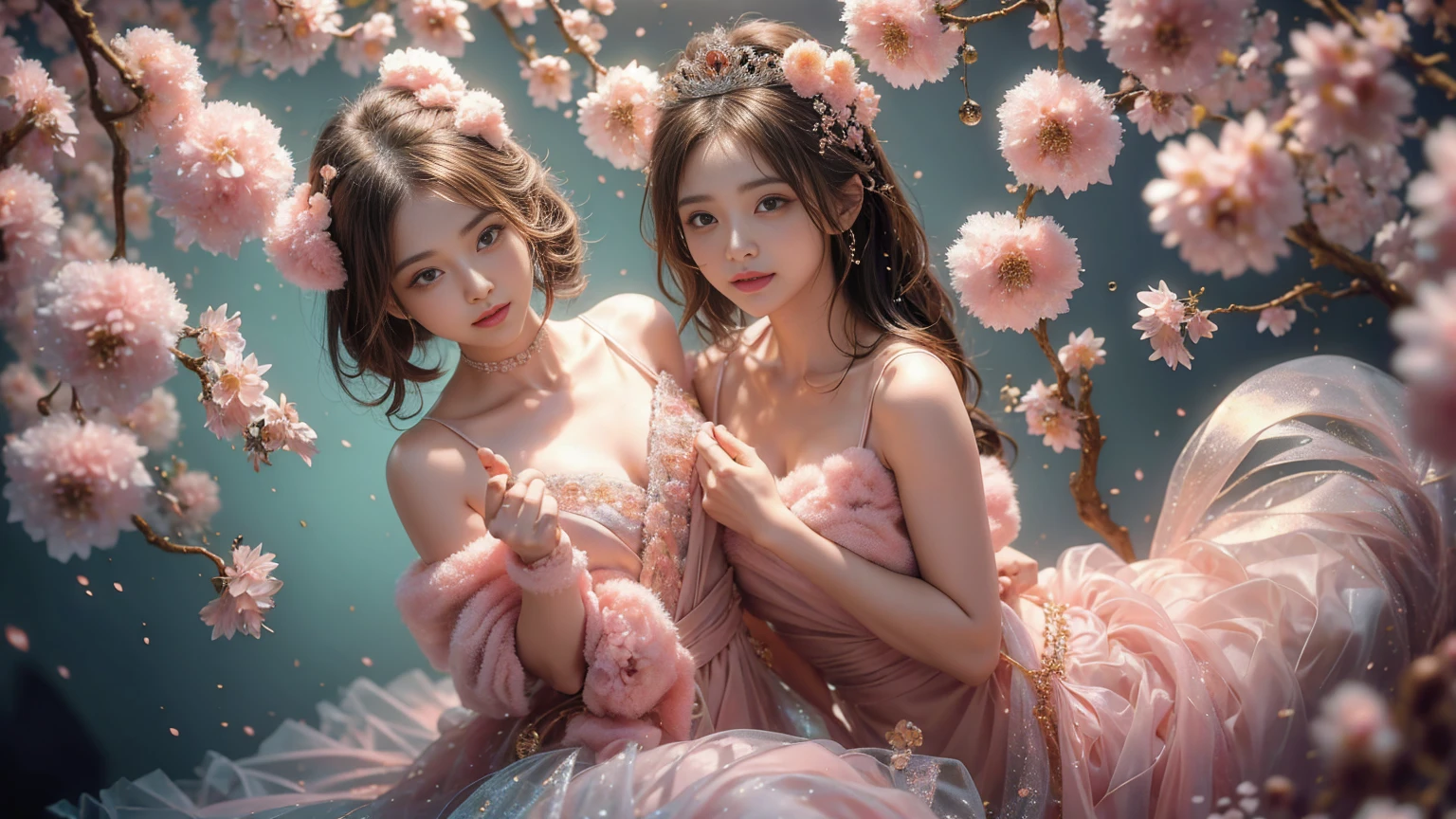 a small kitten with light pink fur and a furry tail wearing a tiara of golden flowers amidst cherry blossoms, lookig at camera, with a sexy look, wet lips
