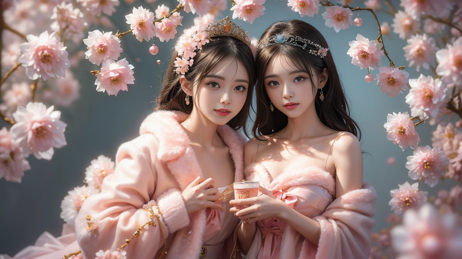 a small kitten with light pink fur and a furry tail wearing a tiara of golden flowers amidst cherry blossoms, lookig at camera, with a sexy look, wet lips
