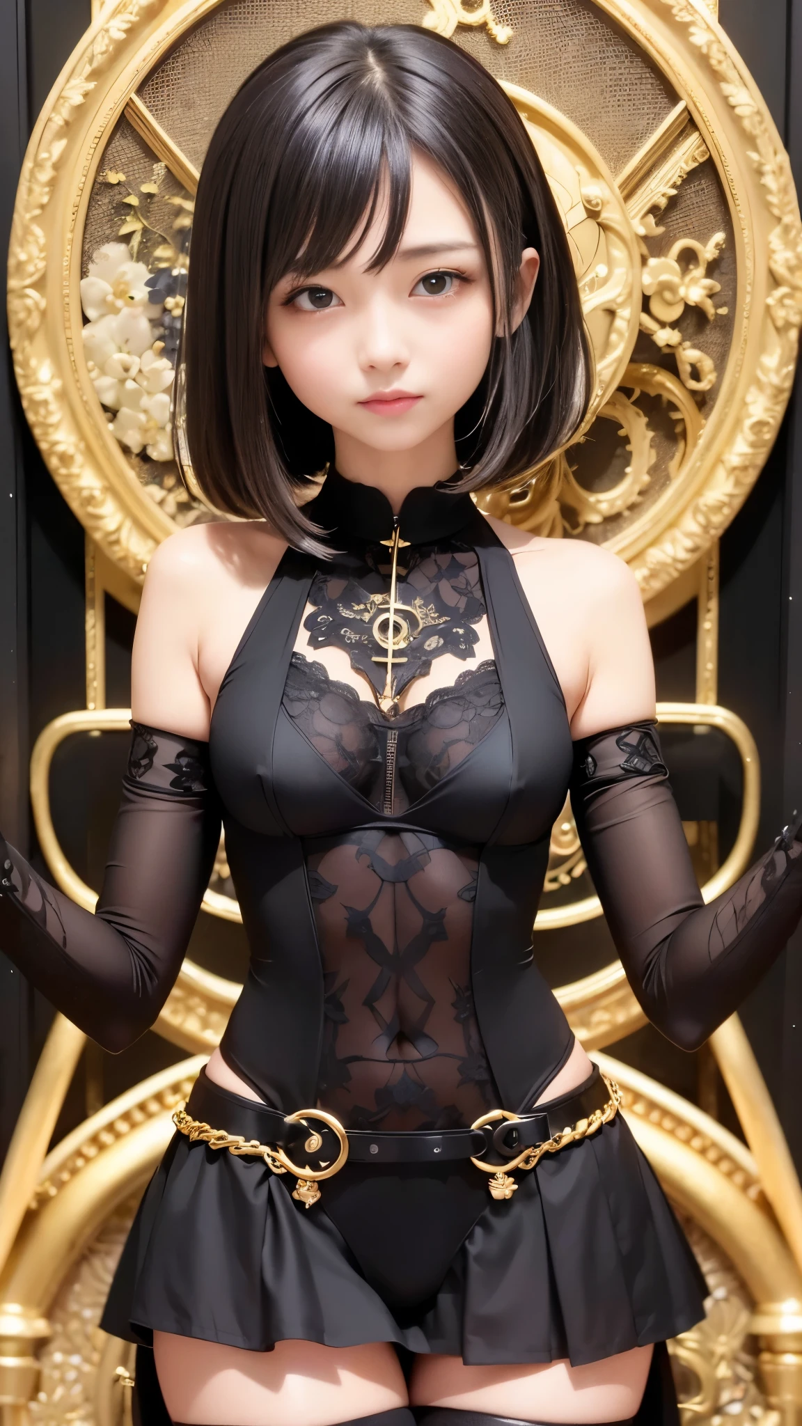 (A cute and cool alchemy idol girl)、whole body、Good style、、、、、、、、、、Thin legs、Tight waist、Small and slender figure、Slender body line、(Gold and black steampunk uniform)、A pure idol face、City of Gold（Shine）、(Detailed eyes and face:1.2、Professional photography techniques)、(Highest quality:1.4、Highest quality、Masterpiece、Ultra high definition)、(Beautiful eyes with attention to detail、double eyelid、Groomed eyelashes)、Slim small face、(D cup size breasts、Captivating bust line)、Captivating look