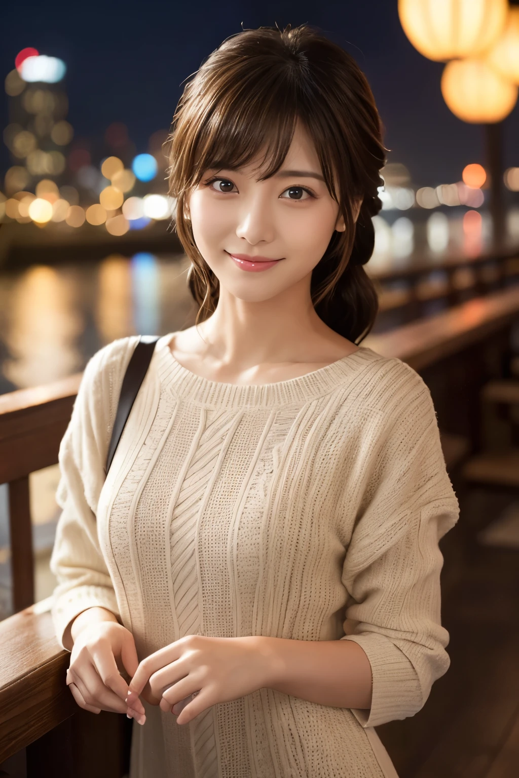 Highest quality、8k wallpaper、reality:1.4、Captured by a professional photographer、Cinema Lighting、View your audience、background:City of night、1 beautiful girl、Japanese Idols、23 years old、Beautiful and detailed eyes、Detailed face、Beautiful Skin、thin、thinウエスト、thin脚、Lip balm、blonde: 1.8、The light shines on her hair、Fancy hairstyles:1.8、Asymmetrical bangs、Knitted dress 、smile:1.8、Seductive pose