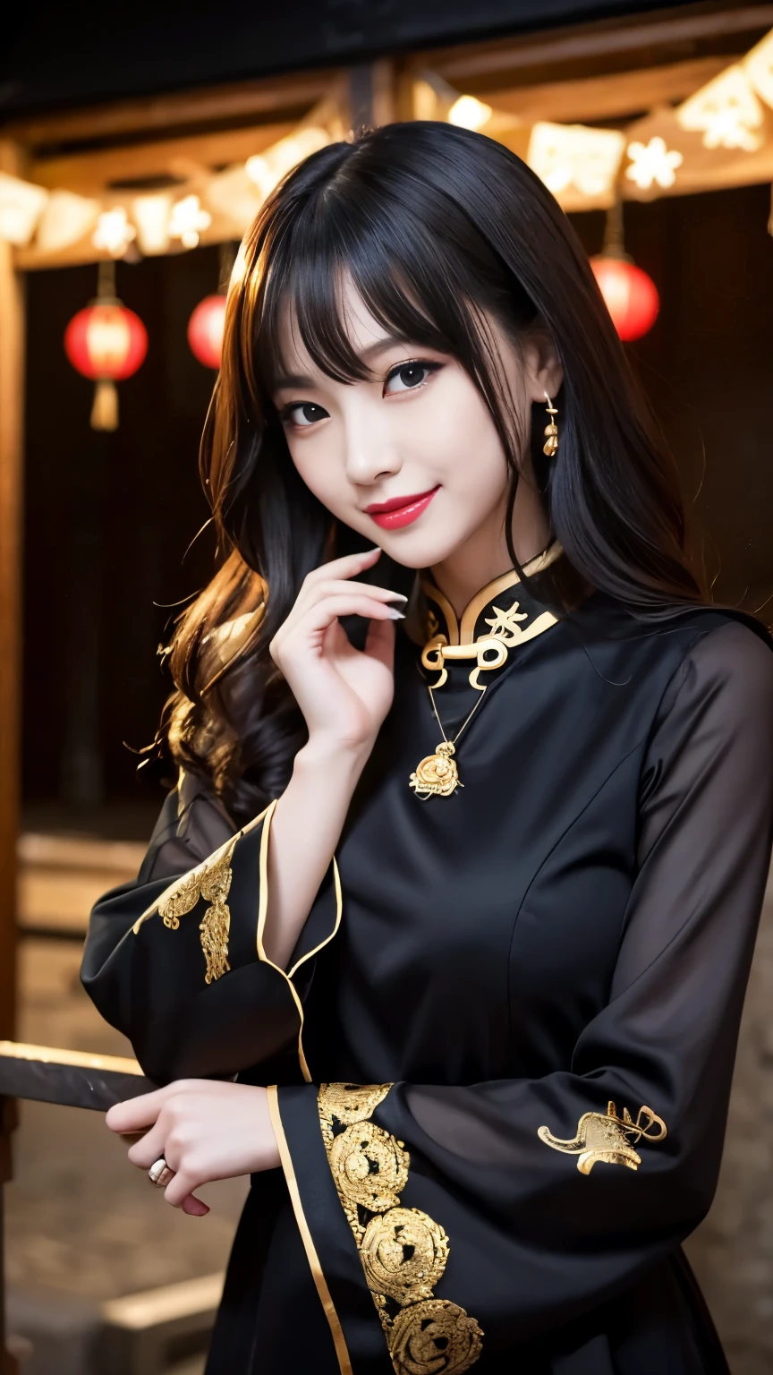 Detailed、Japanese、Attractive beauty、Attractive adult woman、Beautiful woman、Sharp Eye、Cool girl、Wavy Hair、Swept-apart bangs、Black and gold long cheongsam、Wide sleeves、邪evilな幹部、evil depravity、brainwashing、Mind control、lipstick、Lip gloss、Heavy makeup、Grin、Whisper in my ear、evilな表情、evil、Hollow Eyes,Half-closed eyes、Hollow Eyes、evil、Church at night、vampire、Succubus、vampire、Swear allegiance、stand