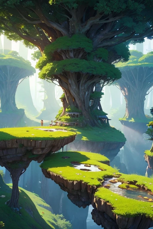 A beautiful forest with floating islands in different parts, with nests and caves. 