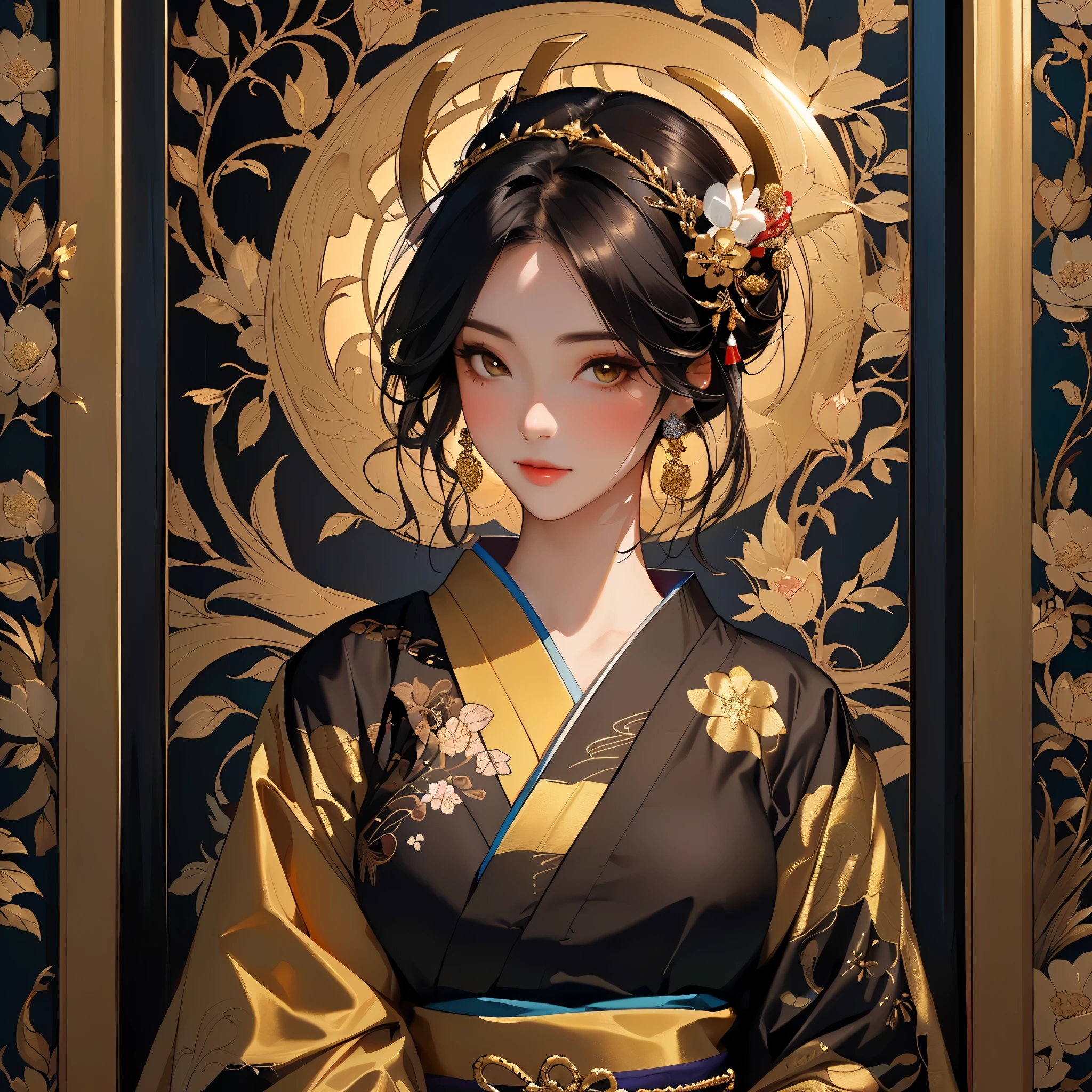 a woman in a golden kimono dress with a gold halo, japanese goddess, chie yoshii, elegant japanese woman, portrait of a beautiful geisha, intricate geisha kimono, japanese art style