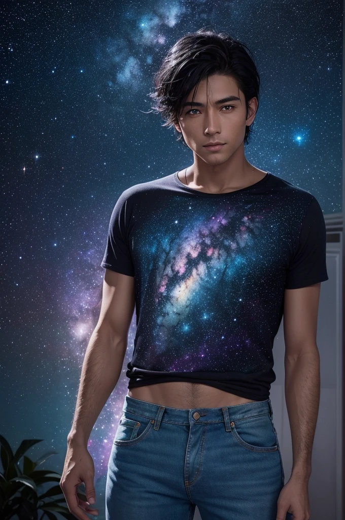 distant view of a man with tanned white skin, wearing low-waisted jeans, with wet short black hair, with some strands falling on the face, greeneyes, immersed in a night sky full of purple and cyan galaxies, he is enveloped in a realistic sheet of stars and comets