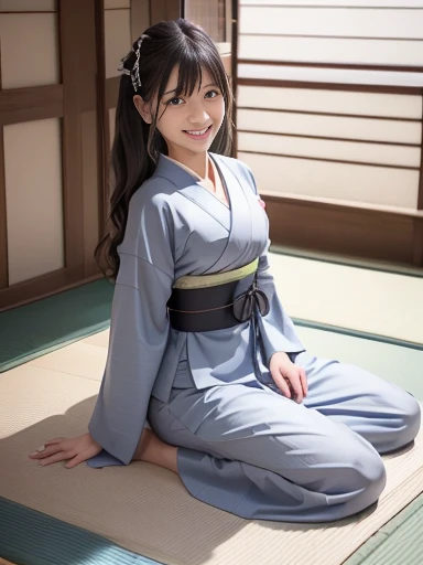 (highest quality、4k、8k、High resolution:1.2)、Super detailed、(genuine:1.37)、(HDR:1.1)、(Hmm:1.1)、(studio lighting:1.1)、(very detailed explanation:1.1)、 (Professional:1.1)、(bright colors:1.1)、(Bokeh:1.1)、innocence、、detailed eyes and face、beautiful and detailed eyes、thick and beautiful lips、small mouth、brown vest、brown pleated hair、fluttering hair、innocenceな笑顔、Pose with movement、pale color palette、gentle sunlight、風にfluttering hair、school uniform、upper thigh,full body shot, Digital single-lens reflex camera, looking at the viewer, Frank, Sophisticated, Zora々right, thin腕,small mouth,cute face, Beautiful and slim legs、because I'thin、Professionalの照明, film grain, chromatic aberration, (Eye and face details:1.0), (Bokeh:1.1), japanese kimono、beautiful kimono、elementary school girbarefoot、torii、stone stairs、cherry blossoms