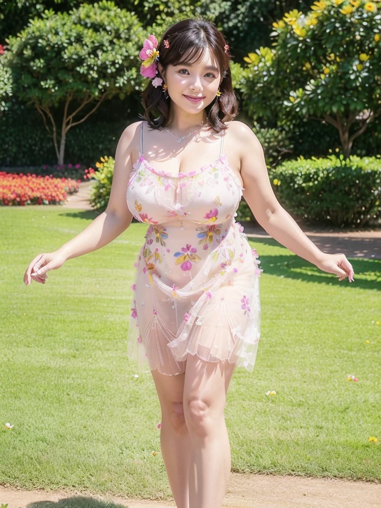 A beautiful and hot almost chubby mature woman.who is wearing a patterned short dress and is and standing in the park. A smiling face、Sexy woman、A radiant smile、adorable、race、Frills、Colorful design、Full-length mirror、An inviting gaze、Gorgeous long and beautiful hairstyle、variation Hairstyle、Open neck blouse、Flower Garden、Sparkling、elegant princess、Super cute、The best smile、Accessors、(flower:1.2)、particle、Full body photo、(((Beautiful leg line beauty)))、(((Delicately decorated dress)))