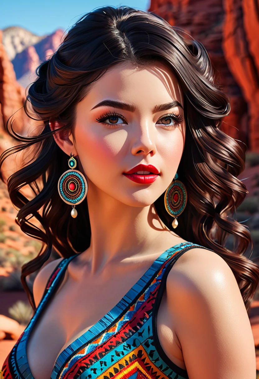 Beautiful boho women stunning merge of Masiela Lusha with colorful southwestern style dress. colorful southwestern earing and. jewelry dark-black colored hair that is coarse, wiry, and tightly curled. It often has a rough texture, feels stiff to the touch, and may be prone to frizz and tangling. The curls can be densely packed. The Official Art – An Award-Winning Digital Masterpiece In 4K Ultra HD, Extreme Detail And Intricate Realism. symmetrical face. This Concept Art Brought To Life By The Hands Of Artists Like Wlop & Artgerm In A Stunning 2D Vector Illustration. large, perky, full, vuluptious, symmetrical and spherical breasts. Background is a beautiful panoramic vista of a red rock canyon.