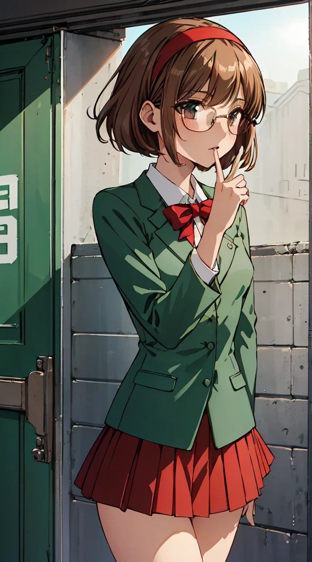 Phoenix Temple Fuu,One girl,short hair,Light brown hair,Glasses,((Red Hairband)),Green blazer,mini skirt,masterpiece,Noise Reduction,Perfect Anatomy,High resolution, Very detailed,Game CG,Dutch Angle ,Beautiful attention to detail,Visual Arts,Five Fingers, Perfect hands, Perfect lighting,