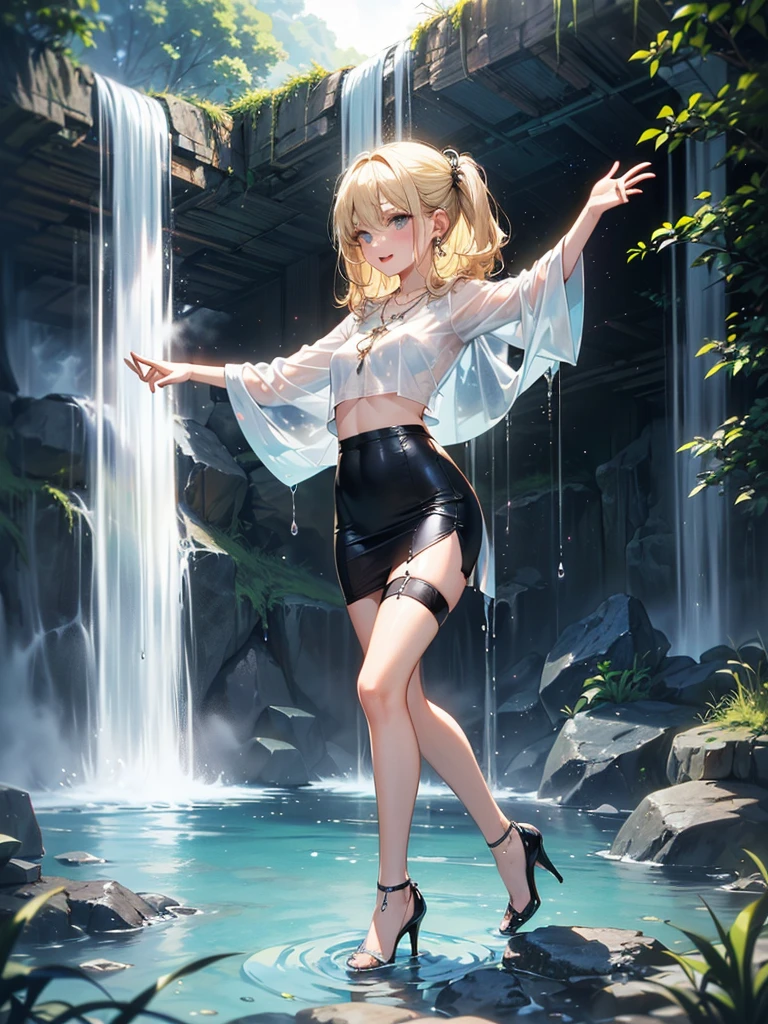female,Short stature,Solitary,((City)),sports,Relax,Blonde Female,elegant,Pointed ears,whole body,Chinese element pattern,Open your legs,(((Exposing thighs))),full,Transparent hollow deep V camisole top,((White skirt)),stocking,leggings,(Brushstrokes,Impressionism,painting,Rich scenery),Disheveled,Chest contour,(((Wet clothing))),(((Ultra-thin clothing))),((Flesh outline)),Grinning