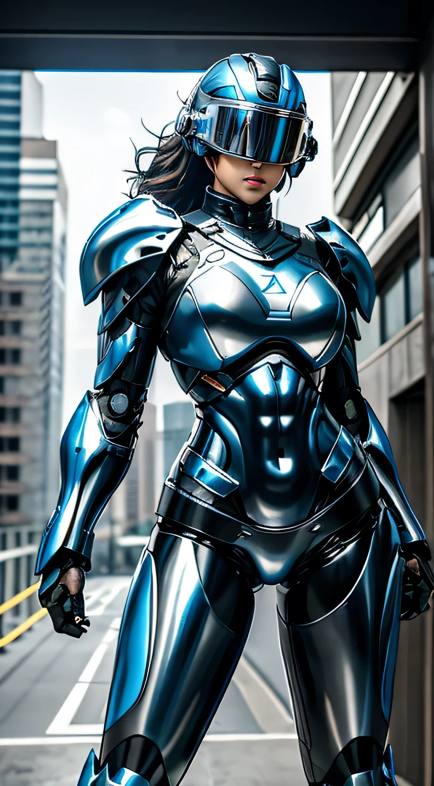 Female Robocop Solo、Bright outdoors、strong light source、8k, high quality, masterpiece, 最high quality, Crisp contrast、Very detailed、Full body armor、Very large armor、Helmet covering the head、Clear photos、The eyes are hidden by thin, translucent straight goggles.:1.3、The lower half of the face is raw々Shii:1.5、The lower half of the face is exposed、Seductive lips、Light blue and black metallic armor、Black accent color、Armor that completely covers the chest、Long, slender legs、Vibrant Posselo Body View,Big and ample breasts:1.5, (Sports Body:1.5)、Five Fingers、Hold a handgun、In the city