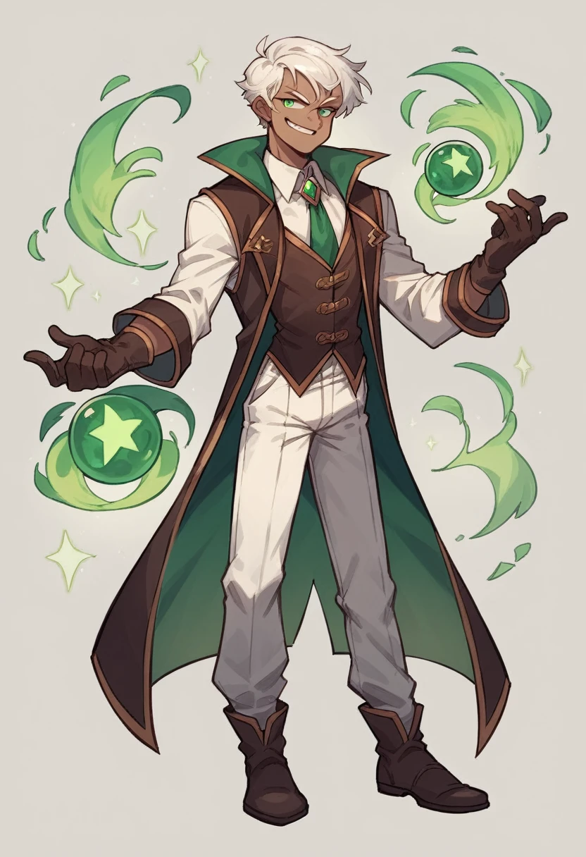 Human Male , Wizard  , white short  hairStyle , Clear Skin ,waistCoat ,dark age Clothing ,smug face , Green pupils ,Smile , Gloves ,solo ,Full body , Four colors 