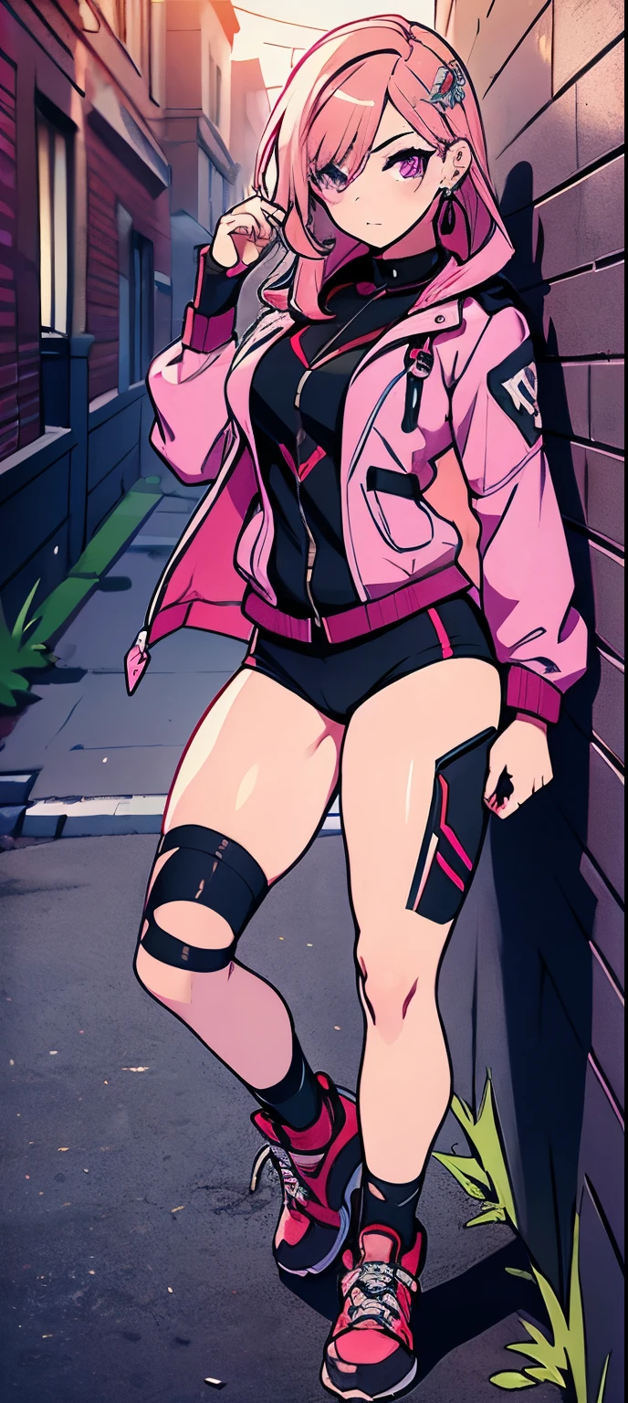(masterpiece, best quality, 1girl, solo, intricate details, chromatic aberration), realistic, ((medium breath)),long hair, pink hair, red head ornament, pink highlights, hair over one eye,purple eyes, earrings, sharp eyes, choker, neon shirt, open jacket, crop top, (symmetry eyes),(perfect symmetrical body),against wall, brick wall, graffiti, dim lighting, alley ,look at viewer, woman at a gym, cute, front Pose, fitness girl, standing, erect Pose, symetrical, fitness model, skinny, Red sneakers, best qualityer, relaxed arms, hands down, ankle, fullbody view, stand straight with your back upright. Keep your shoulders back and maintain a straight line from your head to your feet, symmetrical frontal view, face aligned,