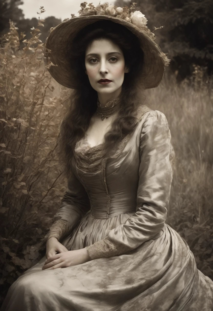 old picture of a women lady in a silk dress, with a dead garden background in the style of John Singer Sargent, horror, desaturated, oil paint, renaissance period