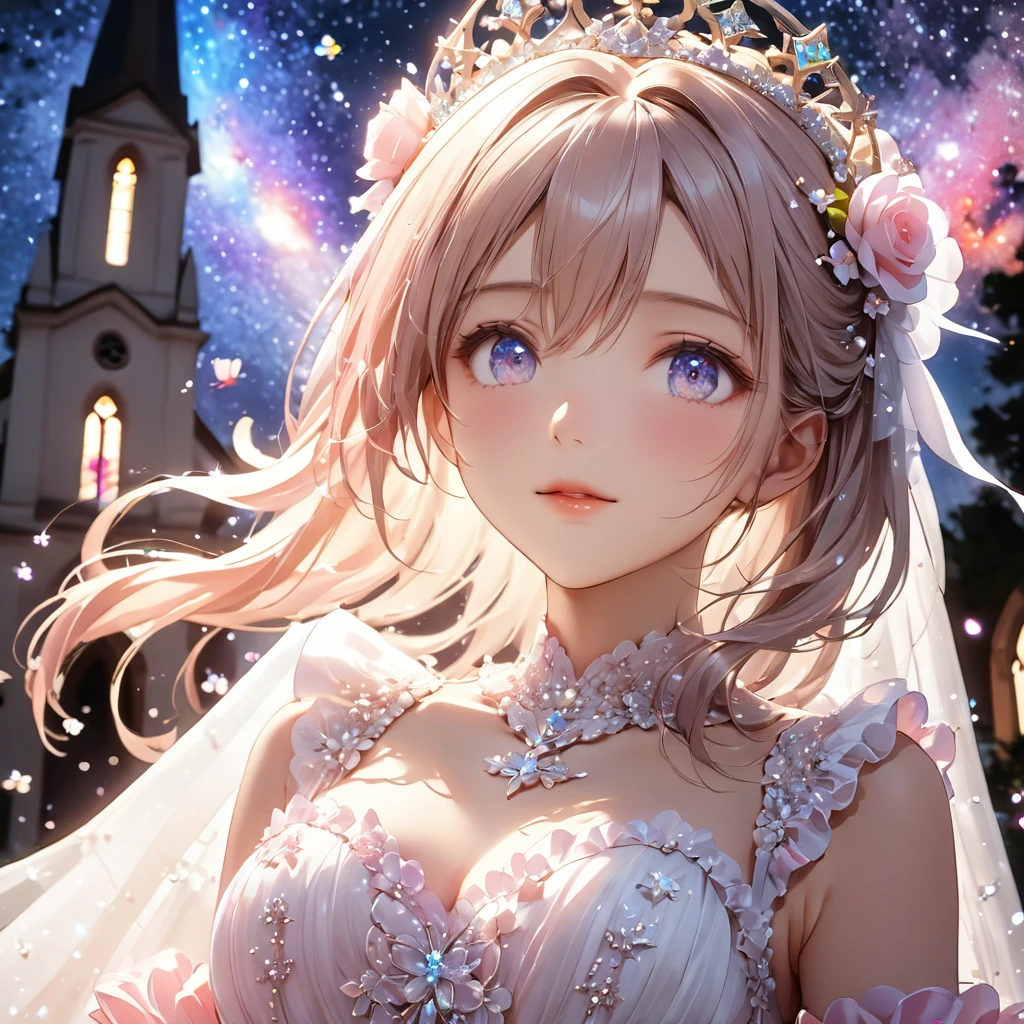 Highest quality, Great quality, 16K, Unbelievably absurd, Very detailed, 2.5D, delicate and dynamic, church, Brightly colored stained glass, Small faint lights and flying fireflies, night, Starry Sky, milky way, nebula, shooting star, Flowers, Wind and Moon, Very delicate look, Delicate eye depiction, Upper body close-up, erotic, Only sexy women, Healthy body shape, 19-year-old female, bride, height: 155cm, big, Hard, Swaying bust, Colorful Tiaras, Long wedding dress with complex structure, pink long wedding dress, See-through long ruffle wedding dress, Long cape from head