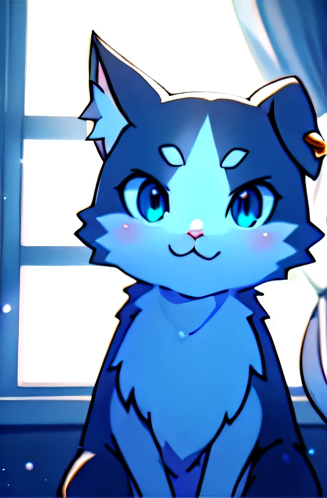 deep of fiel, perfect light, light particles,(best quality),(masterpiece), ,sharp focus, Puck, :3, eyes, blue_eyes, cat, , smile, alone , tail, throw, close up, upper body, windows, curtains, bedroom, all four,