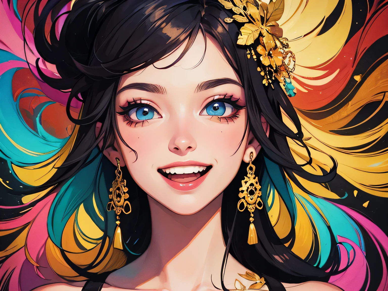 mad acid trippy colourful crazy girl with happy expression, messy dark long hair, rich colours, gold leaf, acrylic and watercolour graphic design, extremely high details, crisp outlines, pastel, hd,