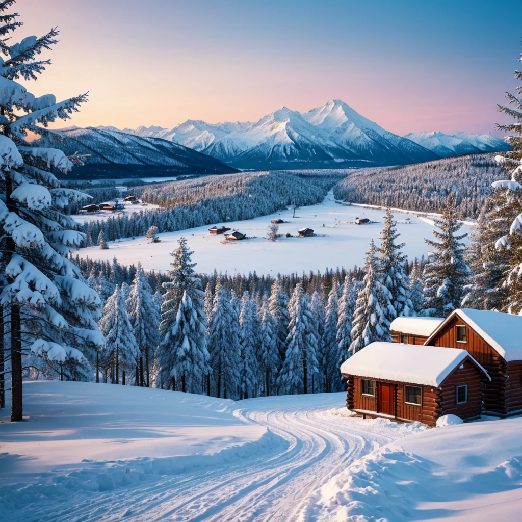 Snowy landscape with a town of cabin houses