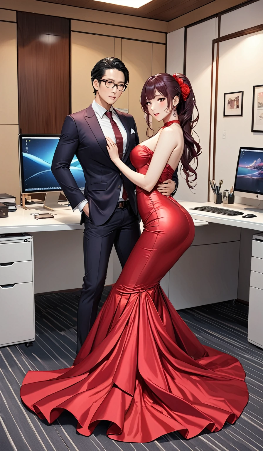 (masterpiece,highest quality,超A high resolution),2 japanaese girl with pony tail hair (((Very beautiful 35 year old girl))), pretty woman, a woman in the mermaid long train silk red skirt,the skirt is very long, full body, wear blazer, wear sexy blouse, wear glasses,long satin, flowy dramatic long skirt, talwomen, make coversasion each other, work in office, wear high heels, masterpice (Shiny red long train dress mermaid-style long skirt