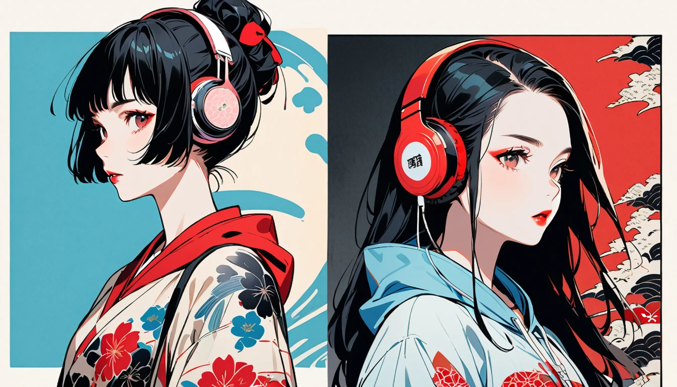 (((Ink Painting))), Fashion portrait color photos, (((1 girl))), (((Flashy makeup))), (((Japanese style headphones))), (((Japanese pattern hoodie))), (((Put on the hood))), Japan人の美少女, Black Hair, Delicate and precise, Modern ukiyo-e style,Japan, Japanese flag, Red and Blue