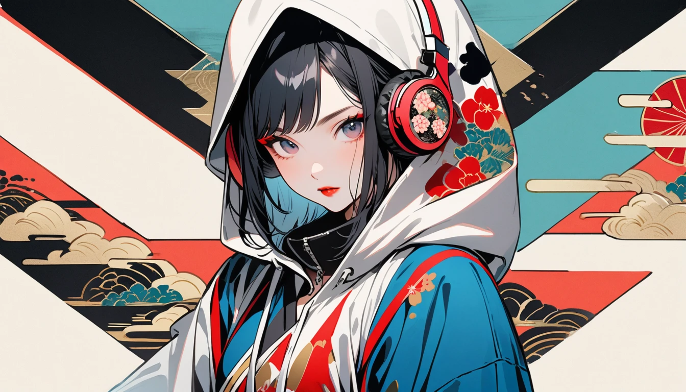 (((Ink Painting))), Fashion portrait color photos, (((1 girl))), (((Flashy makeup))), (((Japanese style headphones))), (((Japanese pattern hoodie))), (((Put on the hood))), Japan人の美少女, Black Hair, Delicate and precise, Modern ukiyo-e style,Japan, Japanese flag, Red and Blue