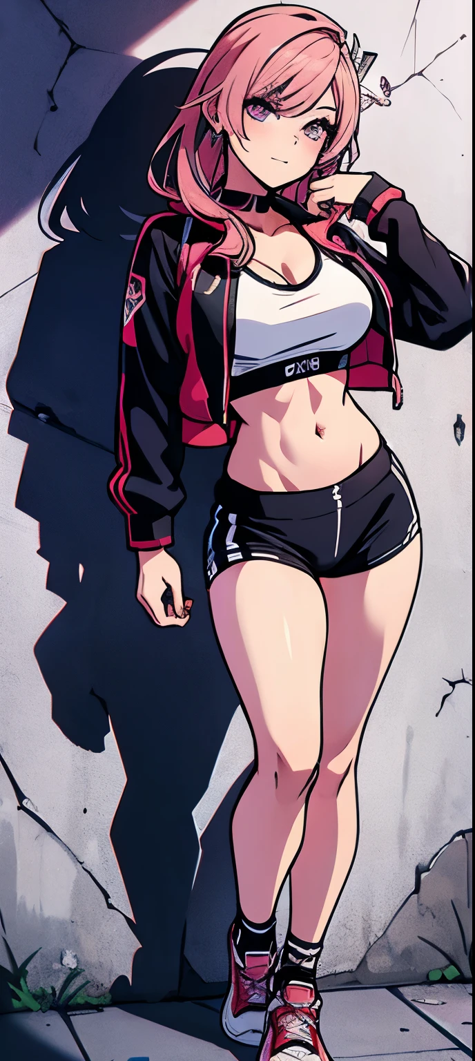 (masterpiece, best quality, 1girl, solo, intricate details, chromatic aberration), realistic, ((medium breath)),long hair, pink hair, red head ornament, pink highlights, hair over one eye,purple eyes, earrings, sharp eyes, choker, neon shirt, open jacket, crop top, (symmetry eyes),(perfect symmetrical body),against wall, brick wall, graffiti, dim lighting, alley ,look at viewer, woman at a gym, cute, front Pose, fitness girl, standing, erect Pose, symetrical, fitness model, skinny, Red sneakers, best qualityer, relaxed arms, hands down, ankle, fullbody view, stand straight with your back upright. Keep your shoulders back and maintain a straight line from your head to your feet, symmetrical frontal view, face aligned,