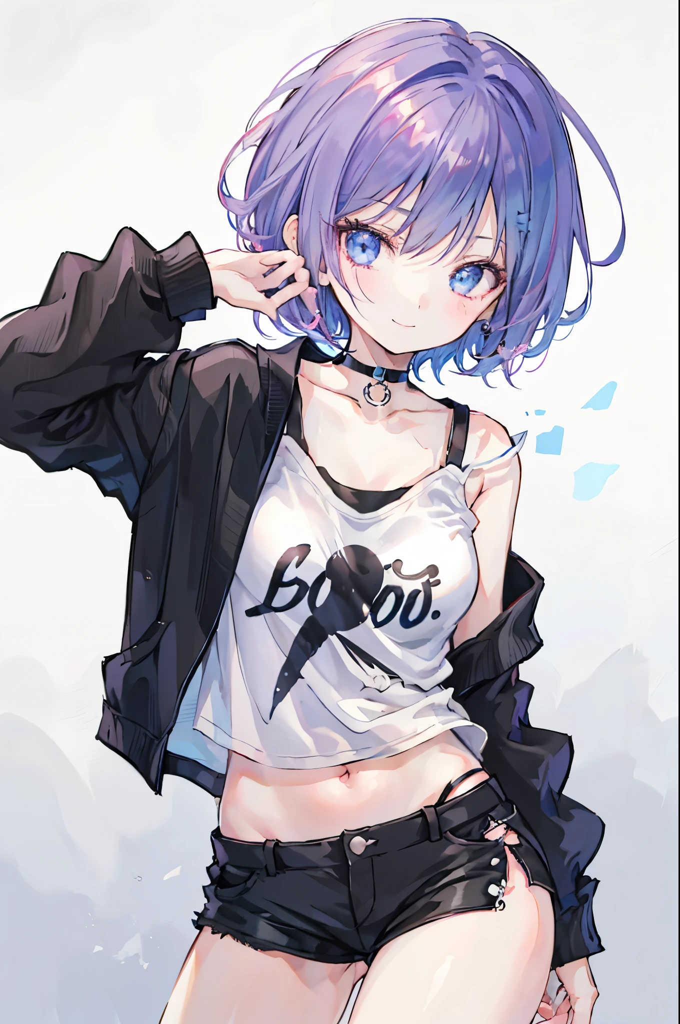 high resolution,smile,woman,woman1人,adult,cute,Short Bob Hair,Purple hair,Light blue eyes,Black T-shirt,Black shorts,Piercing,Black choker, Background white,Simple background,Touch your hair with your hands,