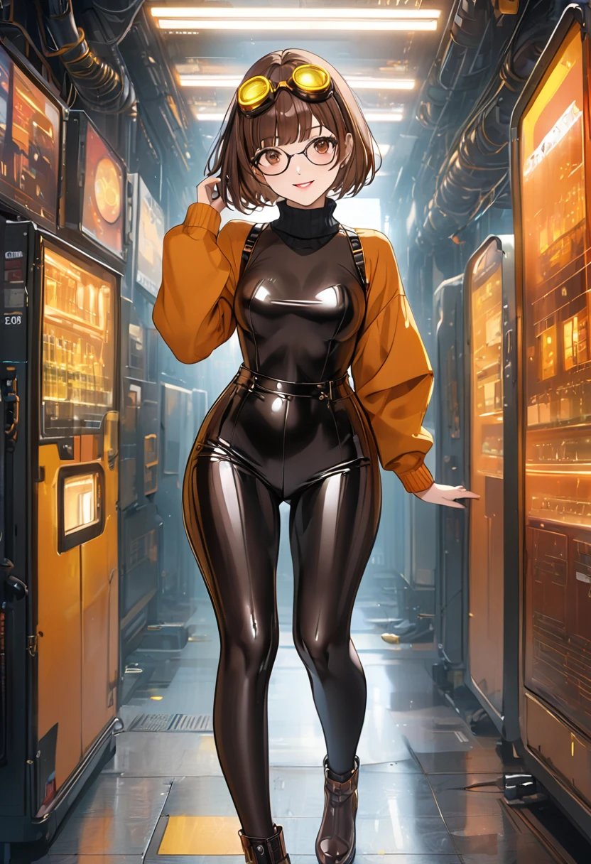 masterpiece,best quality, highly detailed, score_9, score_8_up, score_7_up, score_6_up,source anime,BREAK
 velma,1girl, glasses, solo, breasts, brown hair, latex black, brown eyes, short hair, freckles, ((med breasts)), lips, smile, turtleneck sweater, orange sweater, looking at viewer, bangs, parted lips, ((glowing cyberpunk goggles)), full body 