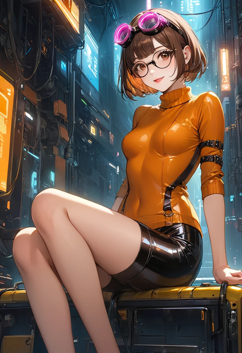 masterpiece,best quality, highly detailed, score_9, score_8_up, score_7_up, score_6_up,source anime,BREAK
 velma,1girl, glasses, solo, breasts, brown hair, latex black, brown eyes, short hair, freckles, ((med breasts)), lips, smile, turtleneck sweater, orange sweater, looking at viewer, bangs, parted lips, ((glowing cyberpunk goggles)), full body 