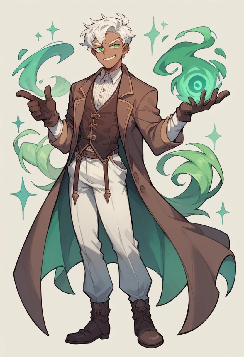 Human Male , Wizard  , white hairStyle , Clear Skin ,waistCoat ,dark age Clothing ,smug face , Green pupils ,Smile , Gloves ,solo ,Full body , Four colors 