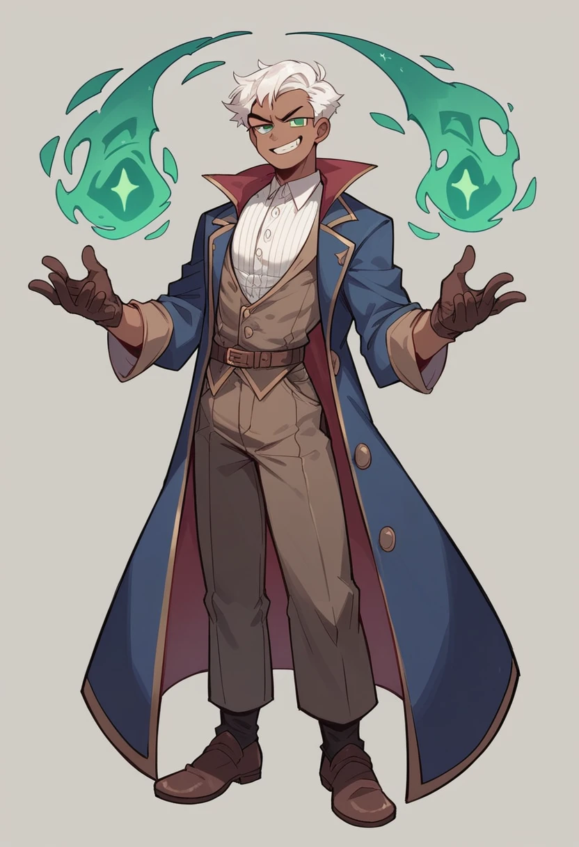 Human Male , Wizard , white hairStyle , Clear Skin ,waistCoat ,dark age Clothing ,smug face , Green pupils ,Smile , Gloves ,solo ,Full body , Four colors