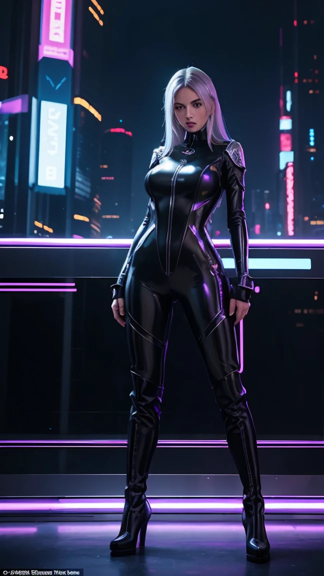 ((Full body photo, standing, feet on the ground)) "Create an image of Electra, the model generated by AI, standing confidently in a cyberpunk-inspired outfit – a metallic silver jumpsuit hugging her figure, paired with black thigh high boots. The backdrop is a cityscape with vibrant neon lights., enhancing the futuristic atmosphere. Make sure the pose reflects a perfect combination of strength and elegance.. Make this vision a reality!"