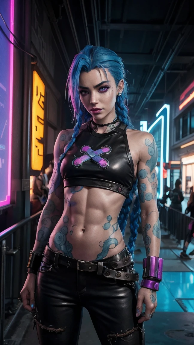 jinx arcane, uma mulher com hair blue e tatuagens, cyberpunk woman anime woman, pants, Beautiful angry cyberpunk goddess, cyberpunk artstyle, cyberpunk anime digital art, cyberpunk anime art, Arcane Jinx Retrato, cyberpunk anime art, cyberpunk themed art, cyberpunk dark fantasy, arcane style, 1 girl, cloud tattoo no braço, asymmetrical bangs, range, hair blue, blue braids, brown shirt, cloud tattoo, sideways, hair blue, long hair, pink eyes, Red lips, standing , cloud tattoo, twin braids. Jinx de arcano. Jinx em um lugar em chamas, spark, spheres of light, movie poster, Jinx, Arcane\(league of legends\
