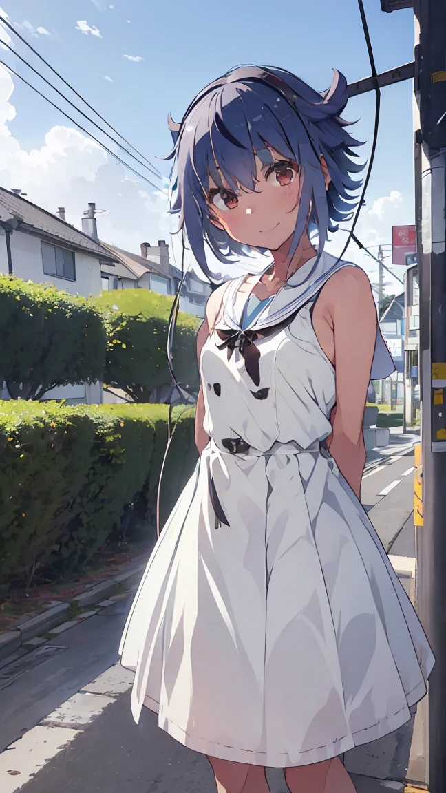 masterpiece, Highest quality, High resolution, Very detailed,(((Mikoto Naruka))), (((white ground)))、(((Plants)))、(((smile)))、(((bus stop))), Wearing a white dress。, Standing in the distance。, (((electric wire)))、Electric pole, blue sky, (((With arms outstretched。)))