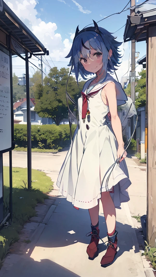 masterpiece, Highest quality, High resolution, Very detailed,(((Mikoto Naruka))), (((white ground)))、(((Plants)))、(((smile)))、(((bus stop))), Wearing a white dress。, Standing in the distance。, (((electric wire)))、Electric pole, blue sky, (((With arms outstretched。)))