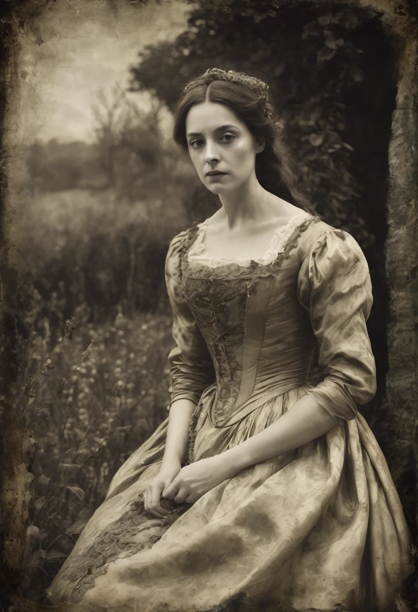 old picture of a women lady in a silk dress, with a dead garden background, horror, desaturated, oil paint, renaissance period