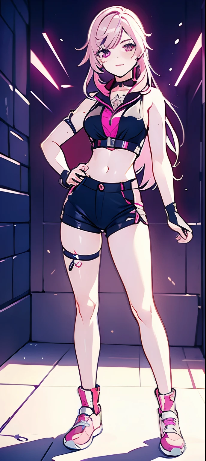 (masterpiece, best quality, 1girl, solo, intricate details, chromatic aberration), realistic, ((medium breath)),long hair, pink hair, red head ornament, pink highlights, hair over one eye,purple eyes, earrings, sharp eyes, choker, neon shirt, open jacket, crop top, (symmetry eyes),(perfect symmetrical body),against wall, brick wall, graffiti, dim lighting, alley ,look at viewer, woman at a gym, cute, front Pose, fitness girl, standing, erect Pose, symetrical, fitness model, skinny, Red sneakers, best qualityer, relaxed arms, hands down, ankle, fullbody view, stand straight with your back upright. Keep your shoulders back and maintain a straight line from your head to your feet, symmetrical frontal view, face aligned, 