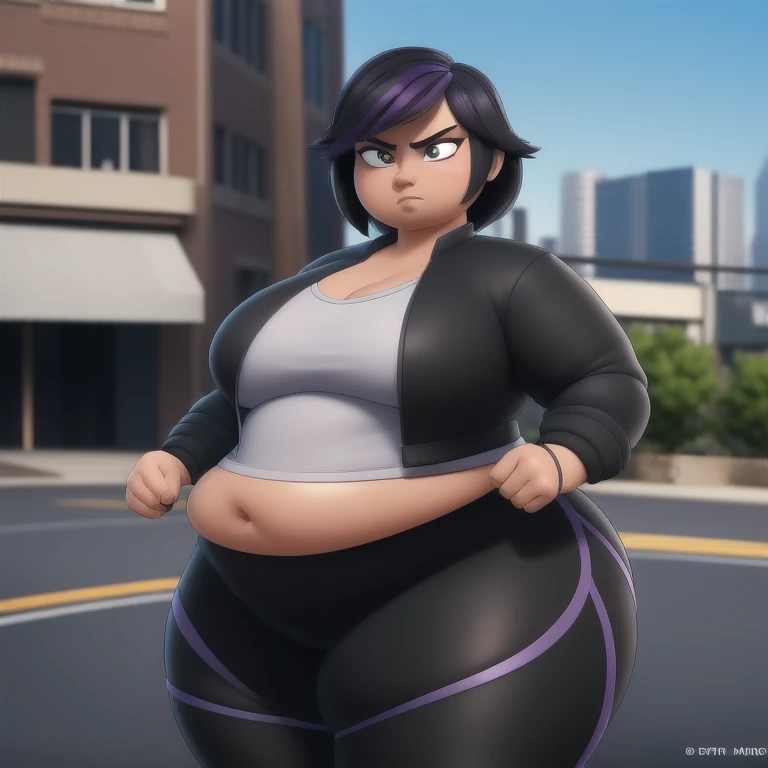 ((Masterpiece)), ((Best Quality)), (Detailed face:1.2), (Detailed eyes:1.2), (Detailed pupils:1.2), Ultra High Resolution, HDR, absurderes, 8K, intricate details, ultra-detailed, dramatic lighting, (solo, 1 fat girl:1.02), Gogo_Tomago, short hair, black hair, jewelry, jacket, lo purple hair, shorts, bracelet, makeup, casual, cropped jacket, leggings, sleeves pushed up, capri pants, black leggings, cowboy shot, brown eyes, looking at the viewer, medium breasts,outdoors,city, body plus, big ass, ssbbw
