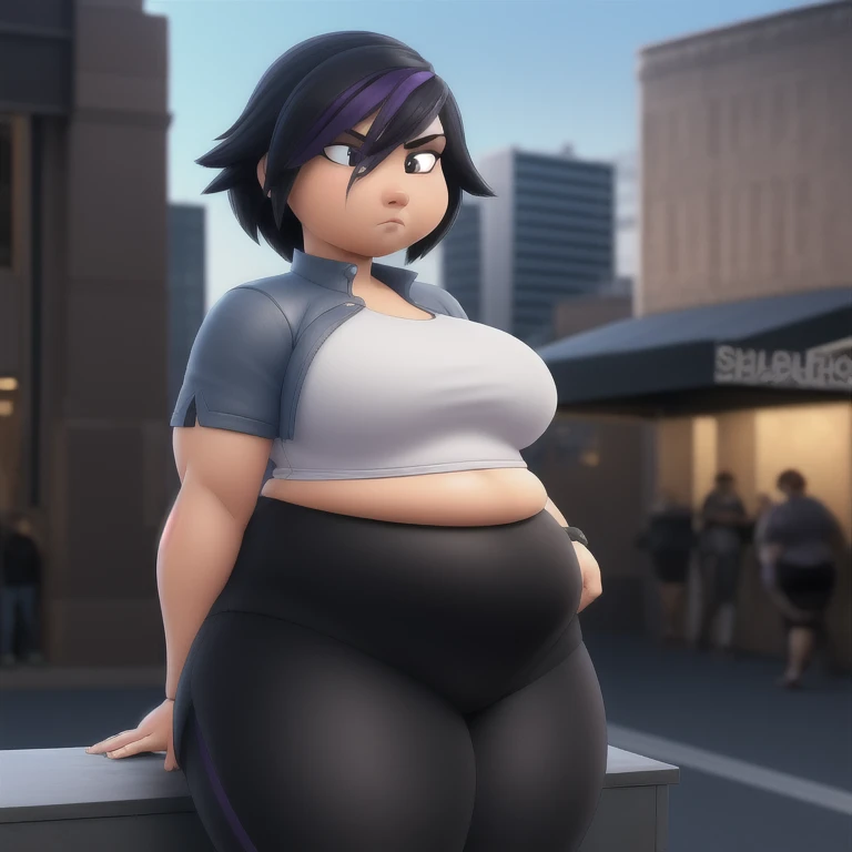 ((Masterpiece)), ((Best Quality)), (Detailed face:1.2), (Detailed eyes:1.2), (Detailed pupils:1.2), Ultra High Resolution, HDR, absurderes, 8K, intricate details, ultra-detailed, dramatic lighting, (solo, 1 fat girl:1.02), Gogo_Tomago, short hair, black hair, jewelry, jacket, lo purple hair, shorts, bracelet, makeup, casual, cropped jacket, leggings, sleeves pushed up, capri pants, black leggings, cowboy shot, brown eyes, looking at the viewer, medium breasts,outdoors,city, body plus, big ass, ssbbw
