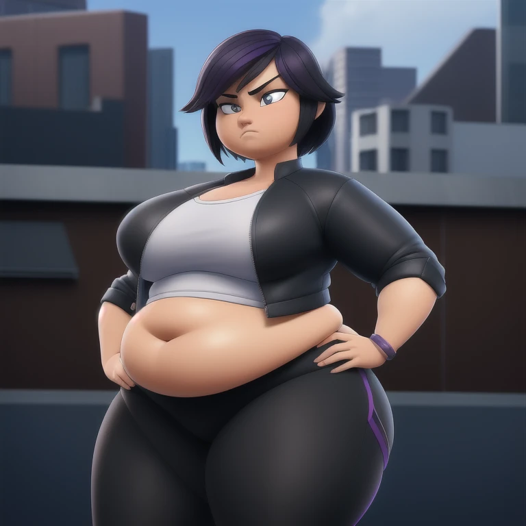 ((Masterpiece)), ((Best Quality)), (Detailed face:1.2), (Detailed eyes:1.2), (Detailed pupils:1.2), Ultra High Resolution, HDR, absurderes, 8K, intricate details, ultra-detailed, dramatic lighting, (solo, 1 fat girl:1.02), Gogo_Tomago, short hair, black hair, jewelry, jacket, lo purple hair, shorts, bracelet, makeup, casual, cropped jacket, leggings, sleeves pushed up, capri pants, black leggings, cowboy shot, brown eyes, looking at the viewer, medium breasts,outdoors,city, body plus, big ass, ssbbw
