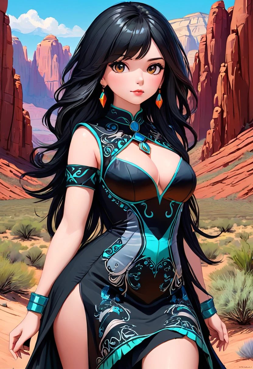 Beautiful boho women stunning merge of Masiela Lusha with colorful southwestern style dress. colorful southwestern earing and. jewelry dark-black colored hair that is coarse, wiry, and tightly curled. It often has a rough texture, feels stiff to the touch, and may be prone to frizz and tangling. The curls can be densely packed. The Official Art – An Award-Winning Digital Masterpiece In 4K Ultra HD, Extreme Detail And Intricate Realism. symmetrical face. This Concept Art Brought To Life By The Hands Of Artists Like Wlop & Artgerm In A Stunning 2D Vector Illustration. large, perky, full, vuluptious, symmetrical and spherical breasts. Background is a beautiful panoramic vista of a red rock canyon.