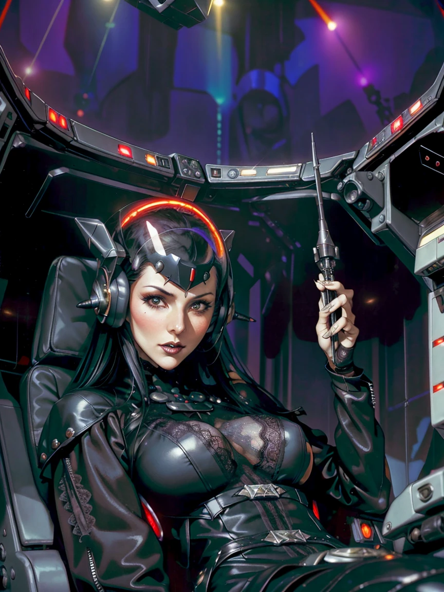 (((gothic vampire piloting) in gothic spacecraft)), (((retro anime))), ((from below)), ((120 fov)), ((((gothic)) control panels)), (((mature))), (((gothic))), (iridescent) bodysuit, ((((lace accessories)))), ((pilot seat)), ((((lying back)) pose)), (((elegant))), (((serious tone))), ((cockpit top control panel)), intricate control panel details, close-up, 1990s (style), masterpiece, ((claustrophobic)), best quality, screens, ((pilot helmet)), night, ((low key light)), (colorful cockpit lights), sparkles, (dramatic lighting), sweat, [blushing], [[pointy ears]], (dark background)