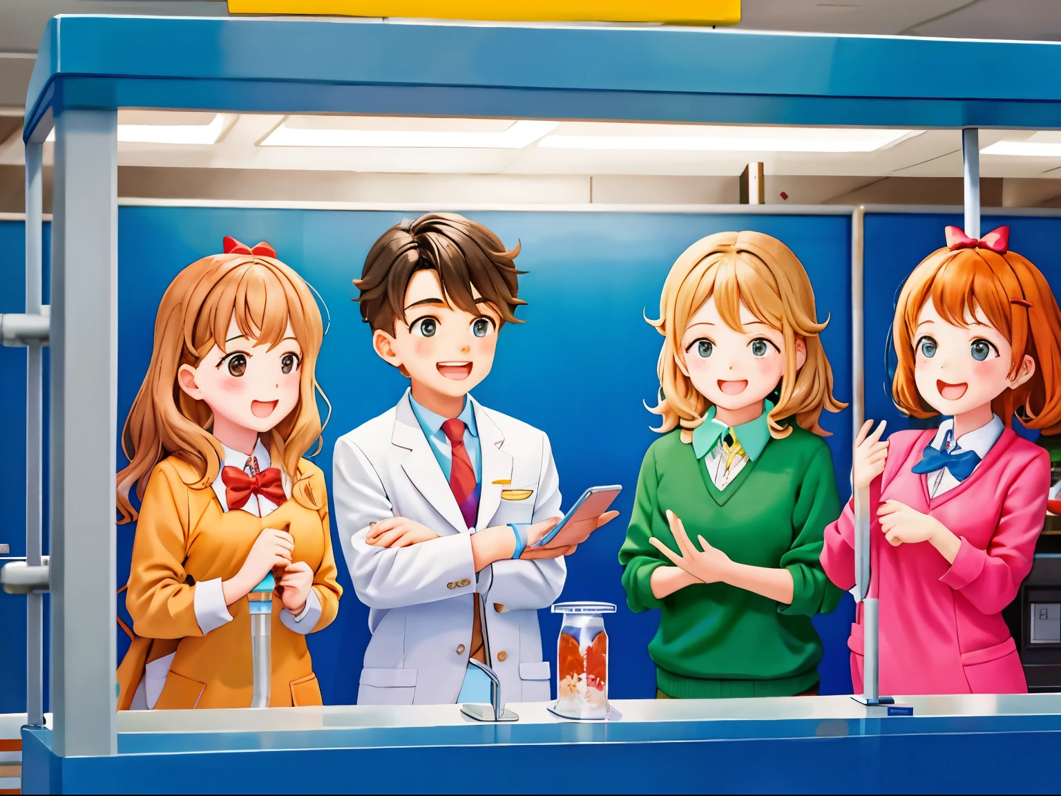 CUTE LIVELY FACE BOYS & GIRLS STUDENTS ENJOYING SCIENCE EQUIPMENT EXPERIMENT IN FUTURISTIC LAB