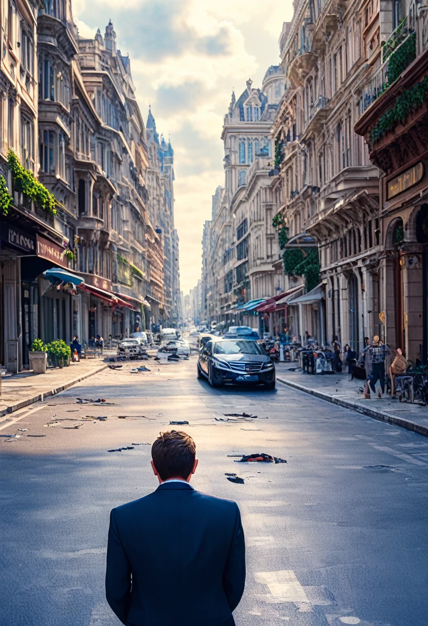 a narrow street, destroyed by time, a thousand years of solitude, a sad boy wandering alone, in the middle of what was once a beautiful city