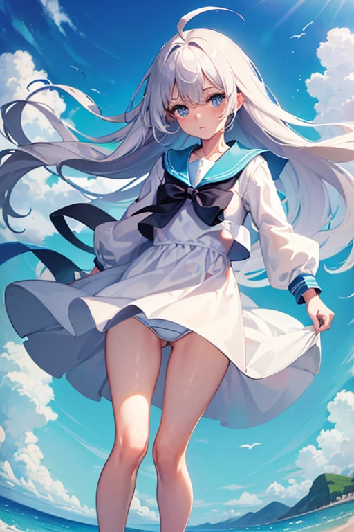 (master_piece, high_quality, beautiful, super delicate, absurdres:1.2), 1girl, mature, , beautiful face, ahoge, hair fluttering in the wind, white hair, blue eye, (sailor suit, long dress, The wind is blowing, dress flipped up, I can see your underwear, dress that flipped in the wind, dress billowing, I can see your underwear, wind lift:1.2), port, (clear water, gemstone sea:1.2), Ship in the distance, The trails that planes make, blue sky, Sunshine, street in the distance,