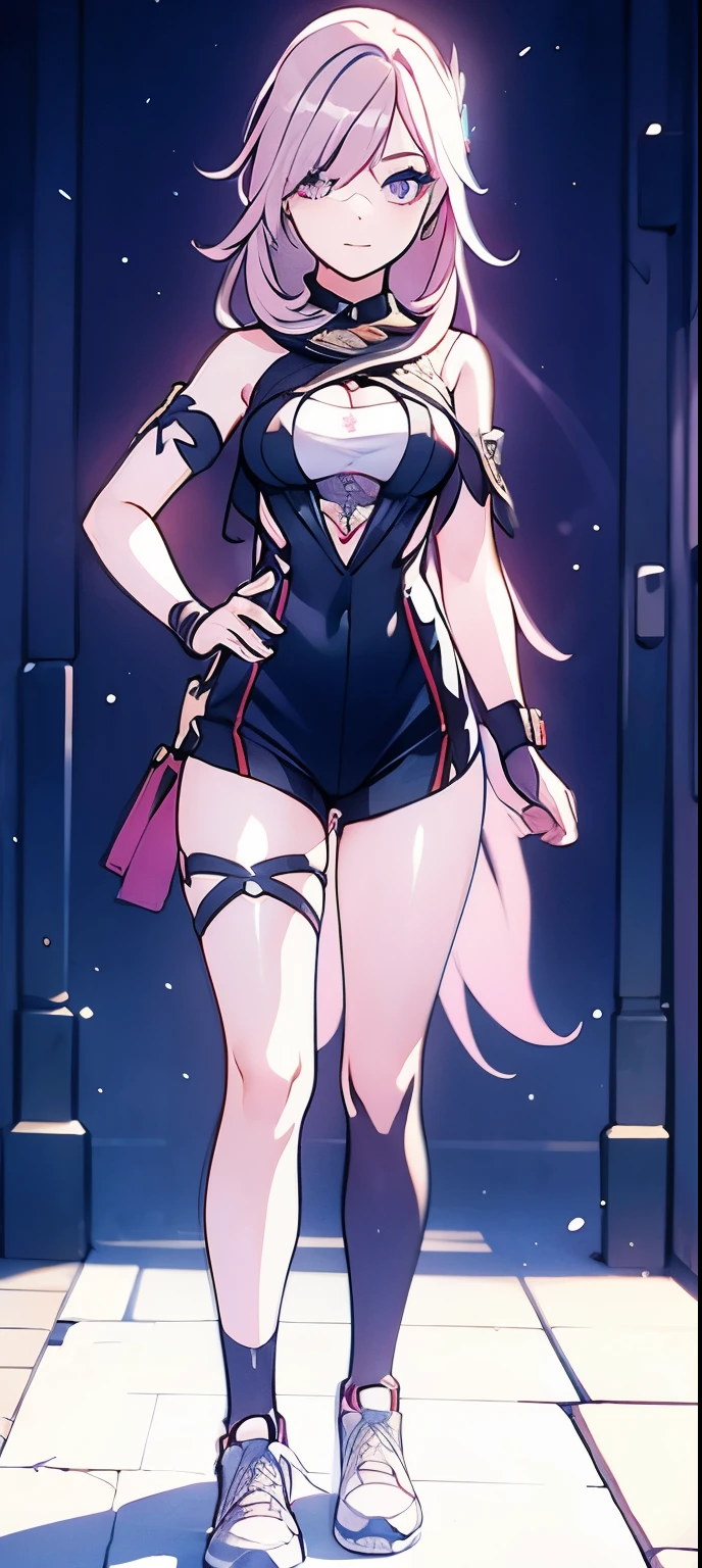 wide hips, Big thighs, very high platform heels, very short skirt, very Big thighs, thick body, topless, ponytail hair,