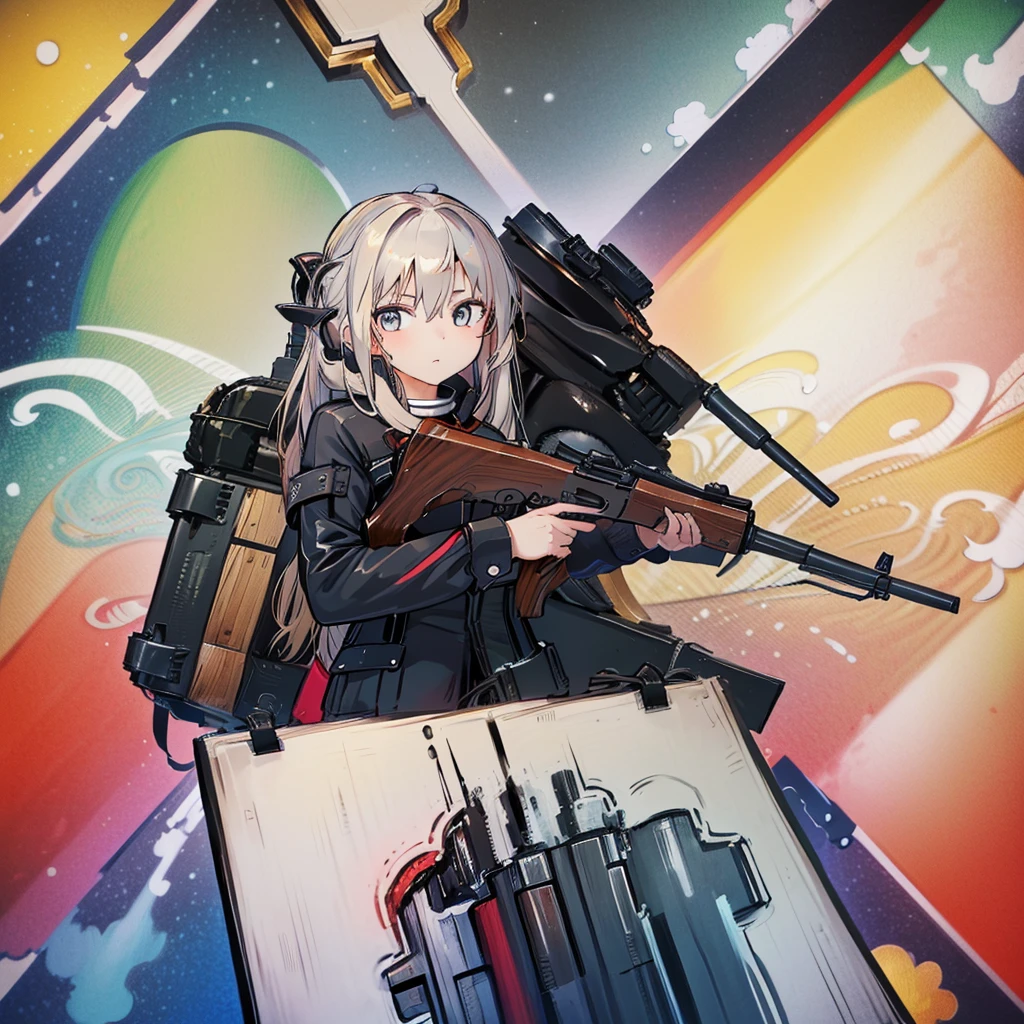 1girl、1girl,(((Highest quality、Masterpiece、Official Art、The best dynamic composition、Super detailed)))、Anime Style、Creative outfits、、Unique and original hairstyle、Movie Posters、ak-47、
akm、
kalashnikov_rifle、
assault_rifle、
holding_gun、QBU10、
