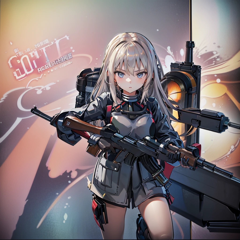 1girl、1girl,(((Highest quality、Masterpiece、Official Art、The best dynamic composition、Super detailed)))、Anime Style、Creative outfits、、Unique and original hairstyle、Movie Posters、ak-47、
akm、
kalashnikov_rifle、
assault_rifle、
holding_gun、QBU10、
