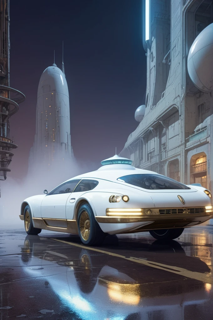 Moebius (Jean Giraud) Style , white and brass science fiction hovering industrial luxury car by a downtown hotel, science fiction, cinematic lighting, night time, volumetric light, imax, dslr, highly detailed, volumetric fog, dystopian vibes, dutch angle, cinematic angle
