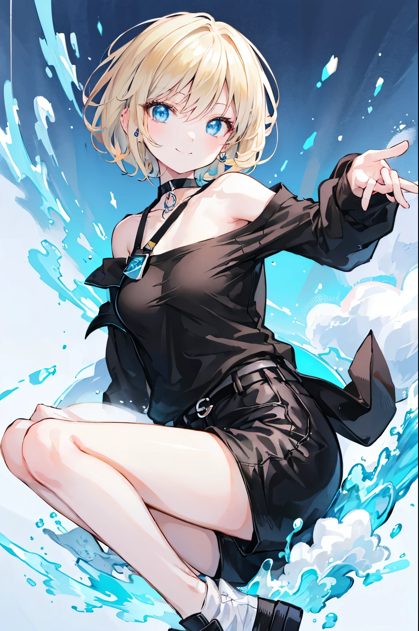 high resolution,smile,woman,woman1人,adult,cute,Short Bob Hair,Blonde Hair,Light blue eyes,Black T-shirt,Black shorts,Piercing,Black choker, Background white,Simple background,Touch your hair with your hands,happy smile,